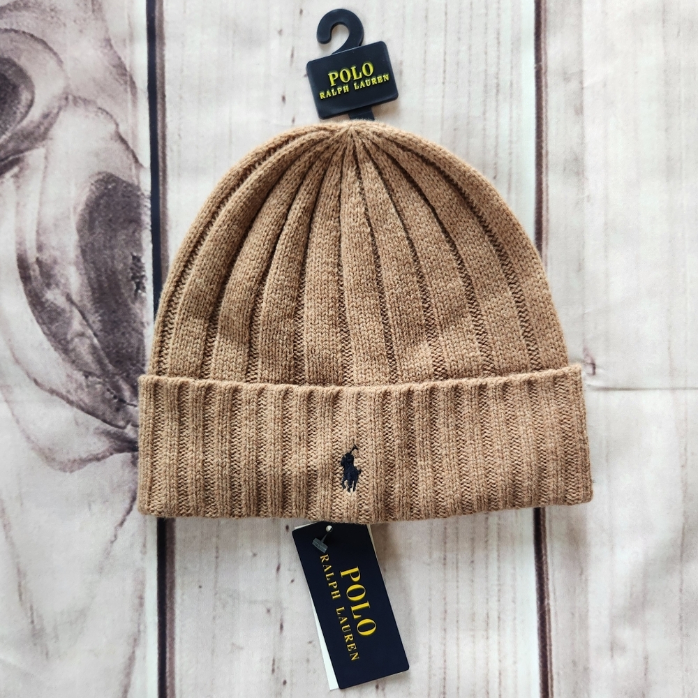 NWT Polo Ralph Lauren Beanie Wool Blend Rib Knit Cuff Pony Logo Tan Unisex